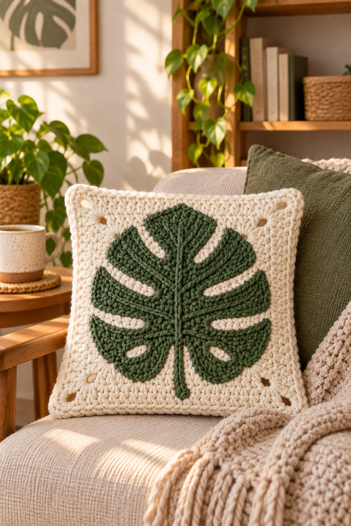 Finished easy crochet monstera leaf granny square styled in a bright natural setting