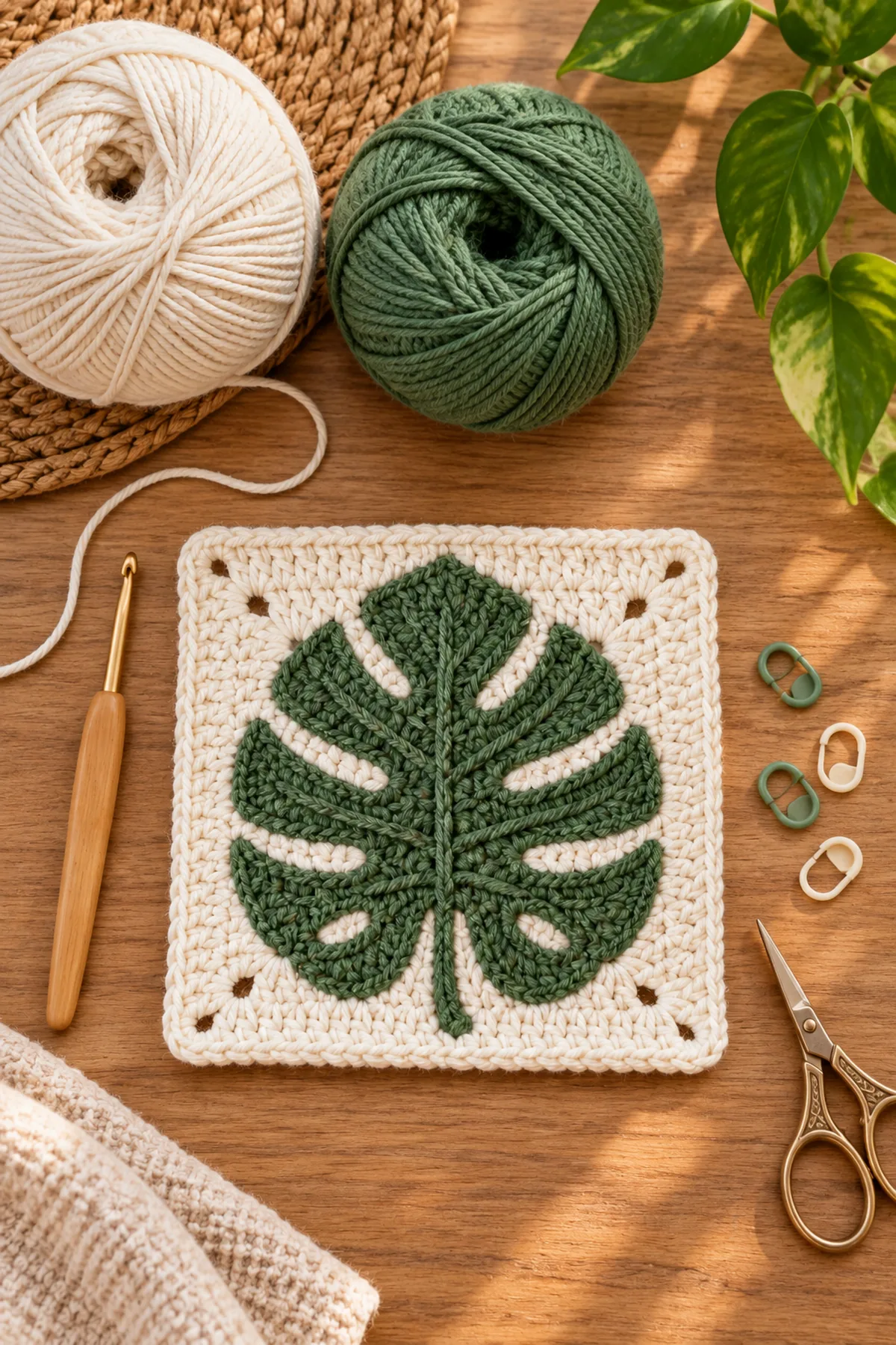 Yarn, crochet hook, stitch markers, yarn needle, tape measure, and scissors for easy crochet monstera leaf granny square