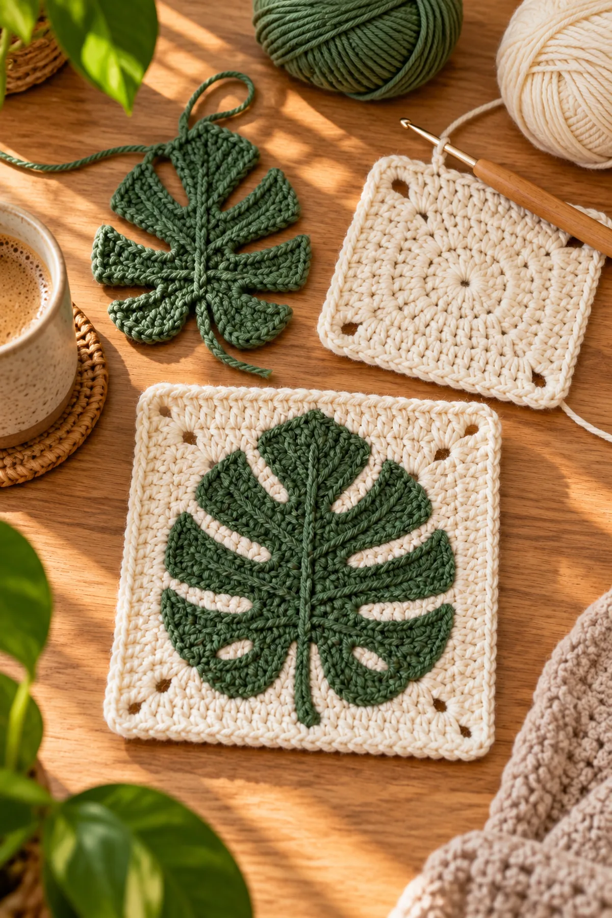Early crochet construction stage for easy crochet monstera leaf granny square with working yarn and hook