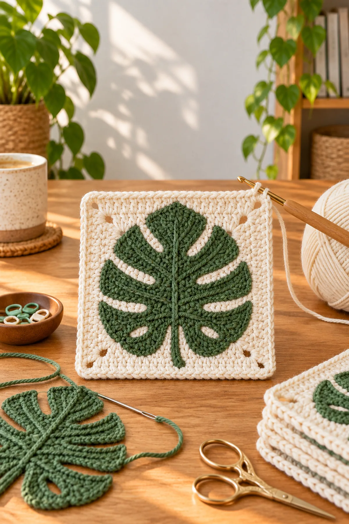 Mid-process crochet construction and shaping for easy crochet monstera leaf granny square