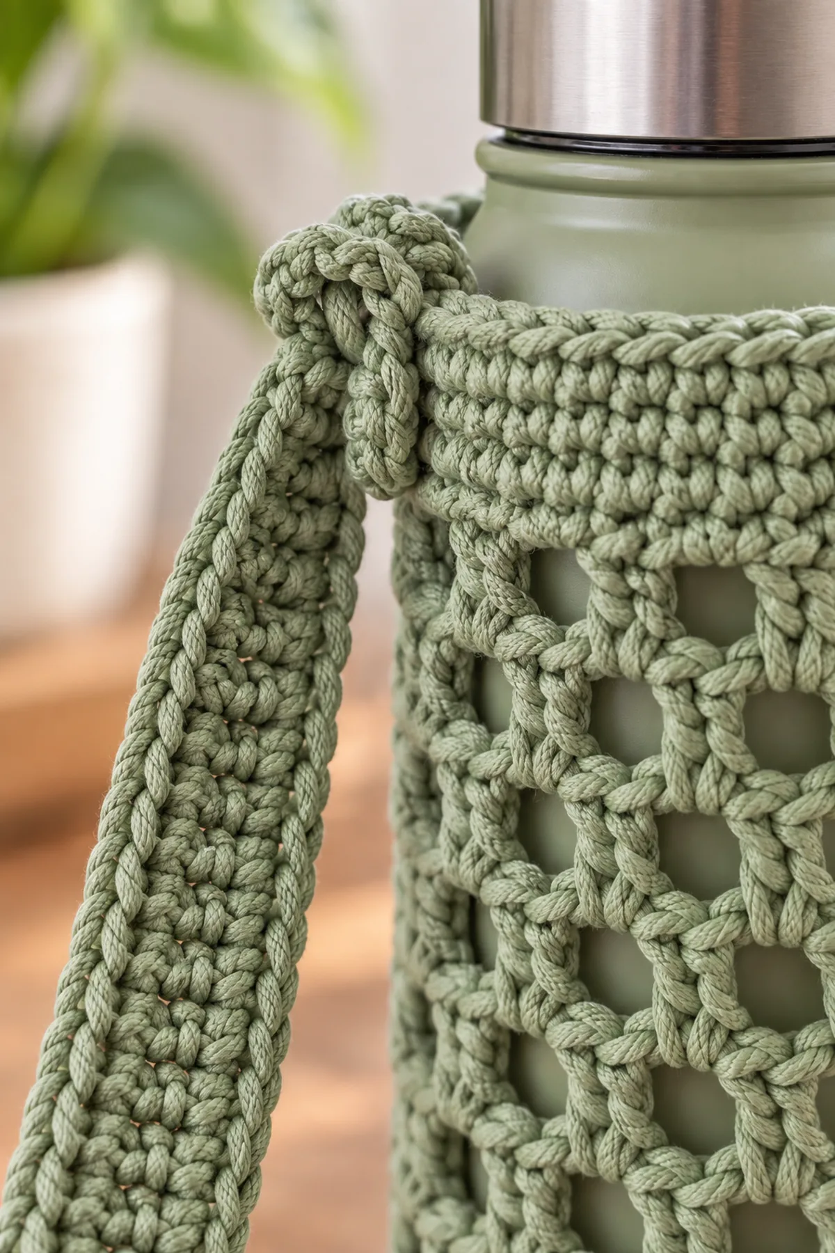Close-up of reinforced strap attachment at the crochet bottle holder rim