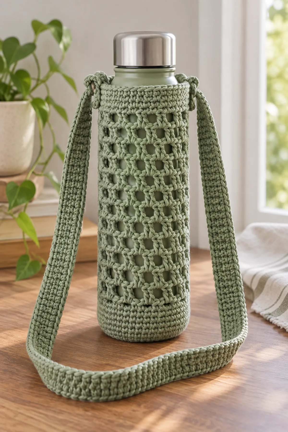 Finished sage cotton crochet water bottle holder with ribbed crossbody strap