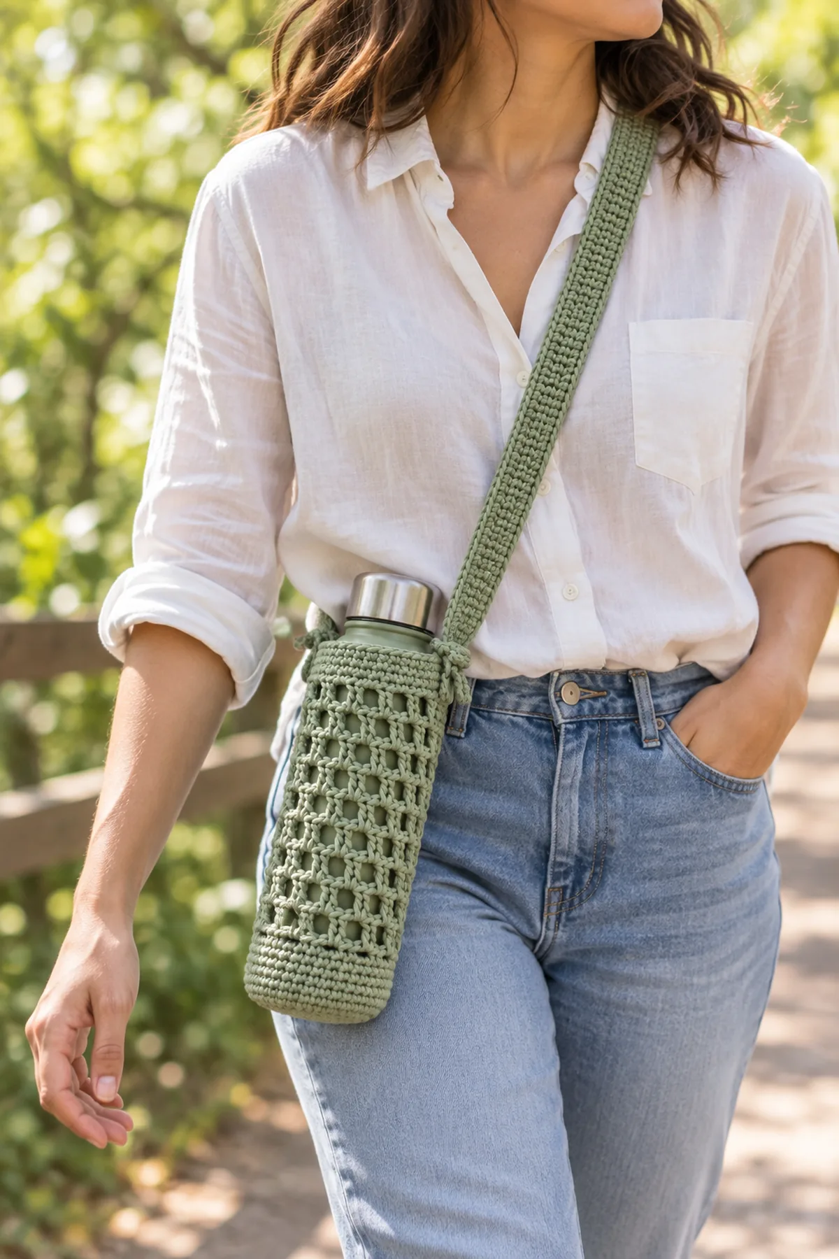 Crochet water bottle holder worn crossbody during a relaxed outdoor walk