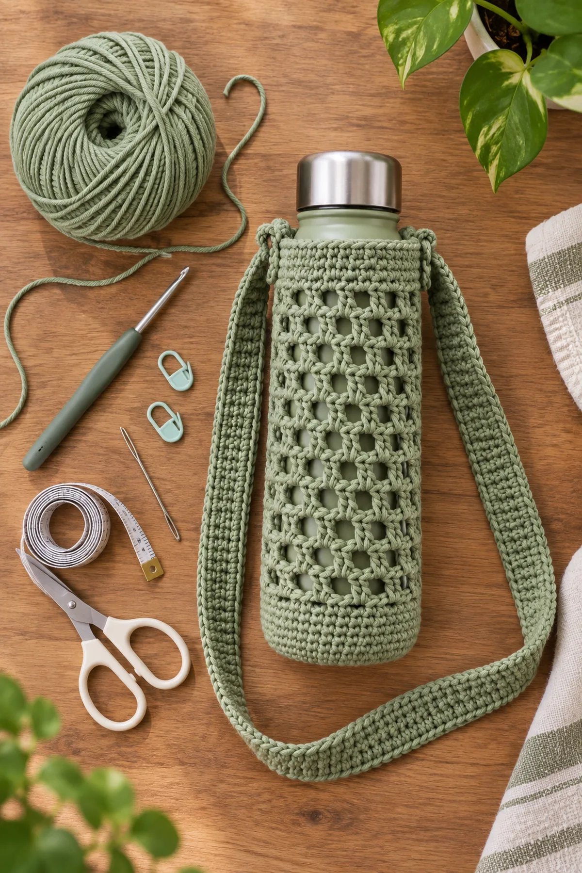 Sage cotton yarn, crochet hook, markers, tape measure, needle, scissors, and reusable bottle