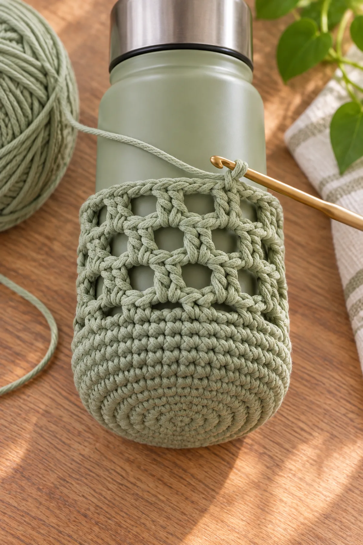 Crochet water bottle sleeve with circular base and early mesh rounds