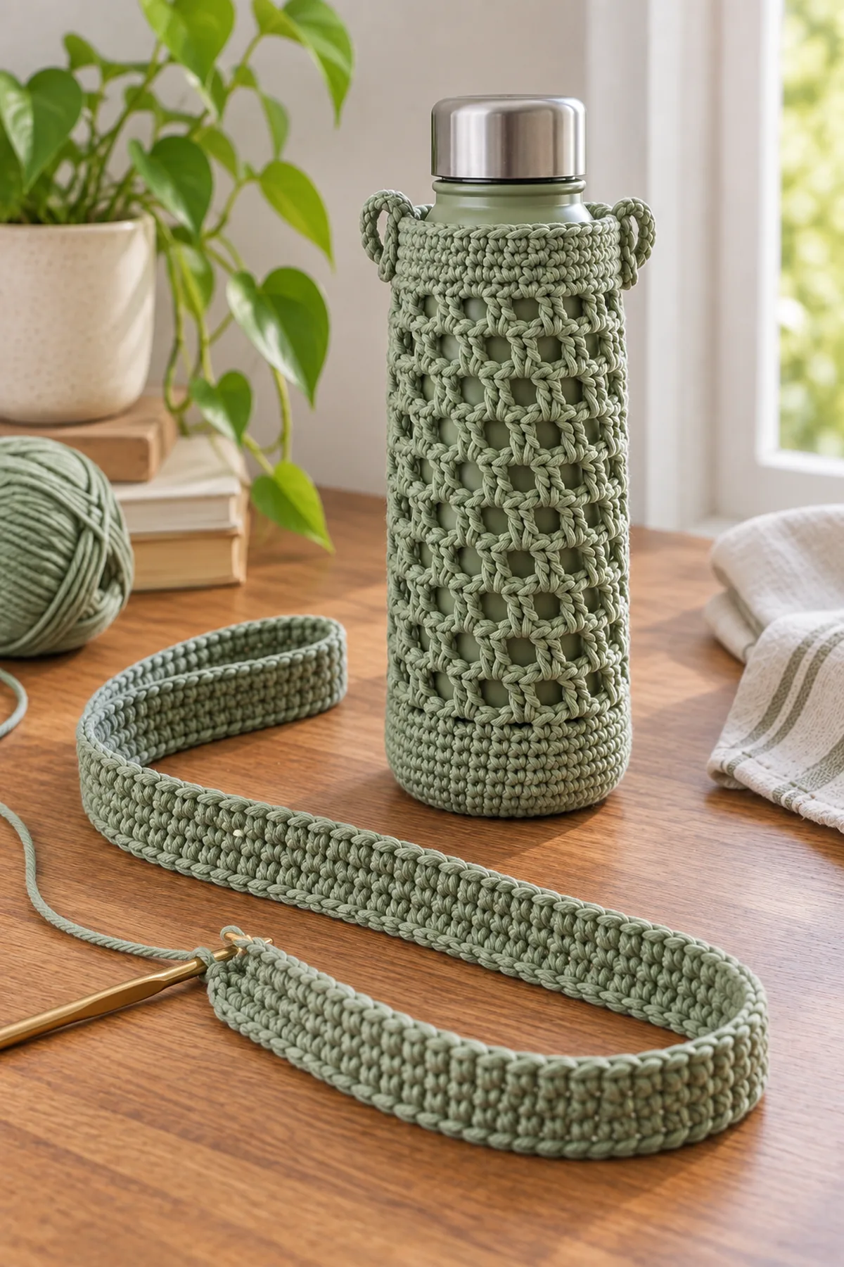 Long ribbed crochet strap beside the completed mesh bottle sleeve