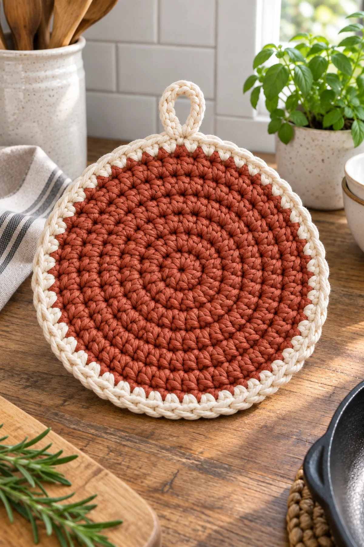 Close-up of stitch texture and finishing details on easy crochet round kitchen trivet for beginners