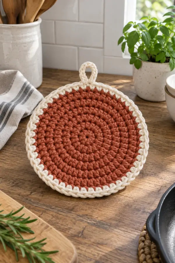 Finished easy crochet round kitchen trivet for beginners displayed with a clean handmade finish