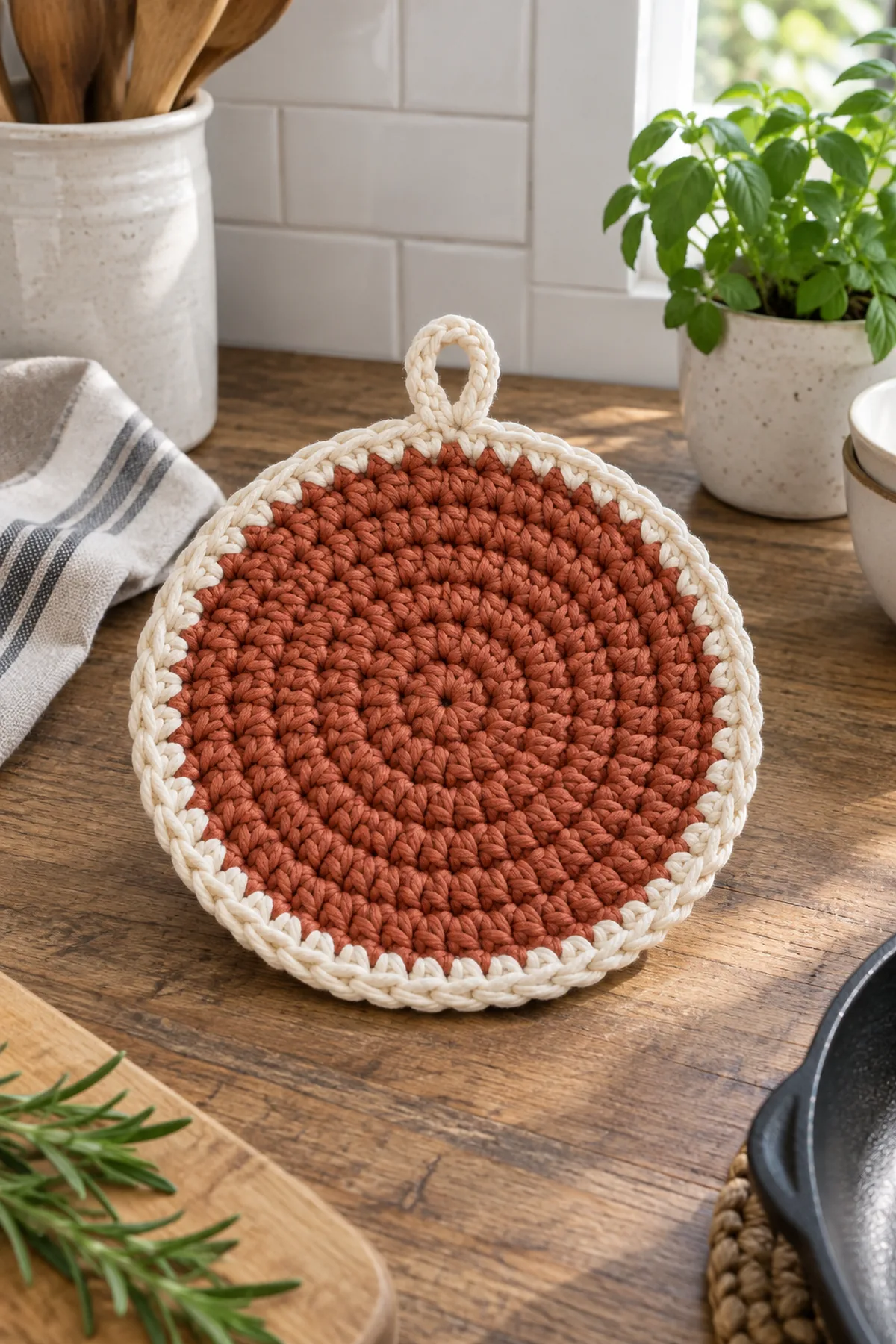 Finished easy crochet round kitchen trivet for beginners displayed with a clean handmade finish