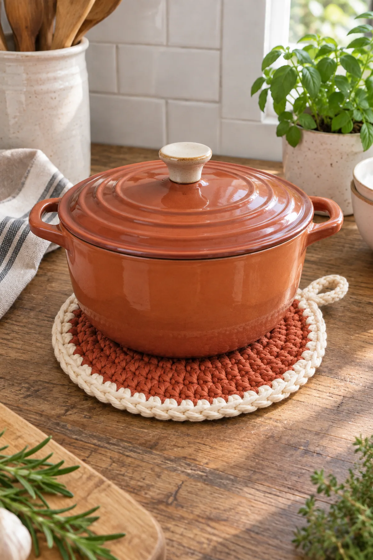 Finished easy crochet round kitchen trivet for beginners styled in a bright natural setting
