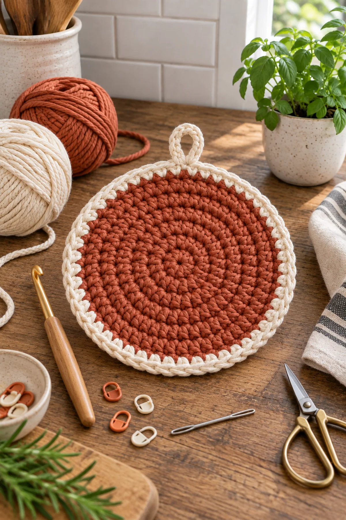 Materials for easy crochet round kitchen trivet for beginners including yarn, crochet hook, markers, needle, tape measure, and scissors