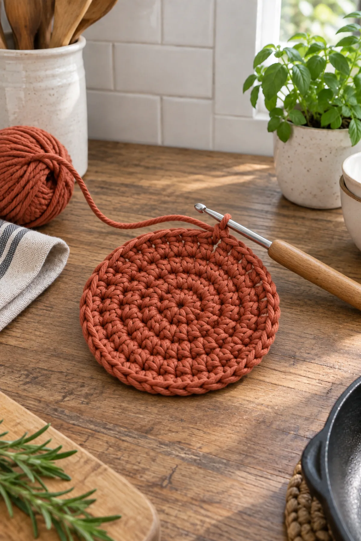 Early crochet construction stage for easy crochet round kitchen trivet for beginners with working yarn and hook