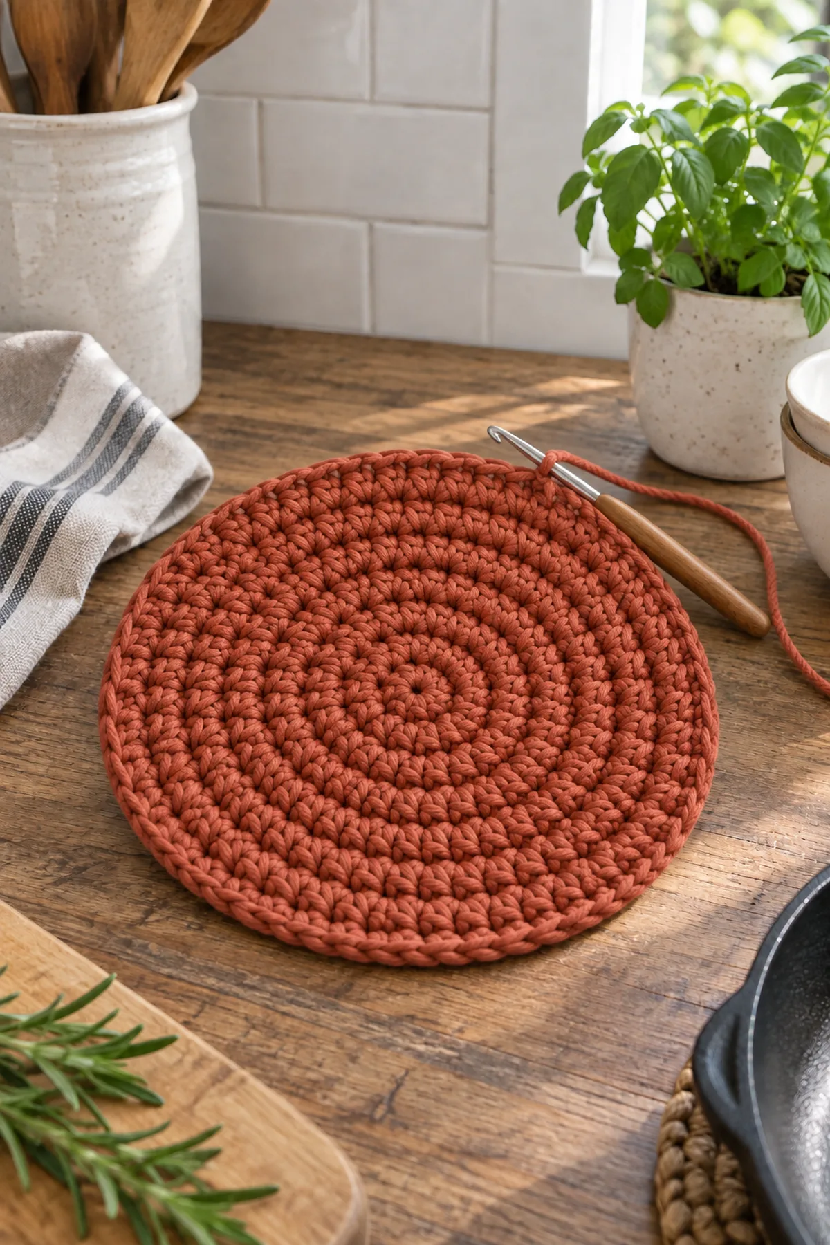 Mid-process crochet construction and shaping for easy crochet round kitchen trivet for beginners