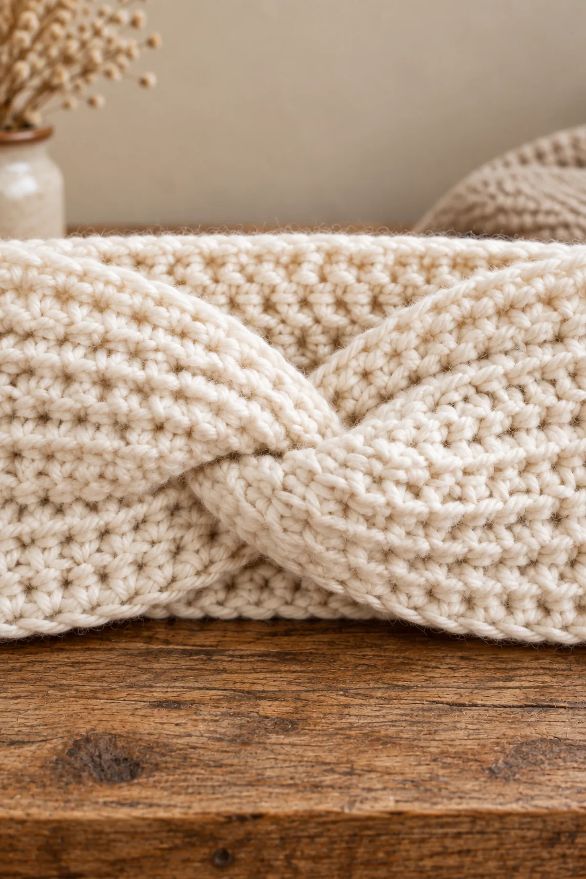 Close-up of the stitch texture and finishing details on easy crochet twisted ear warmer