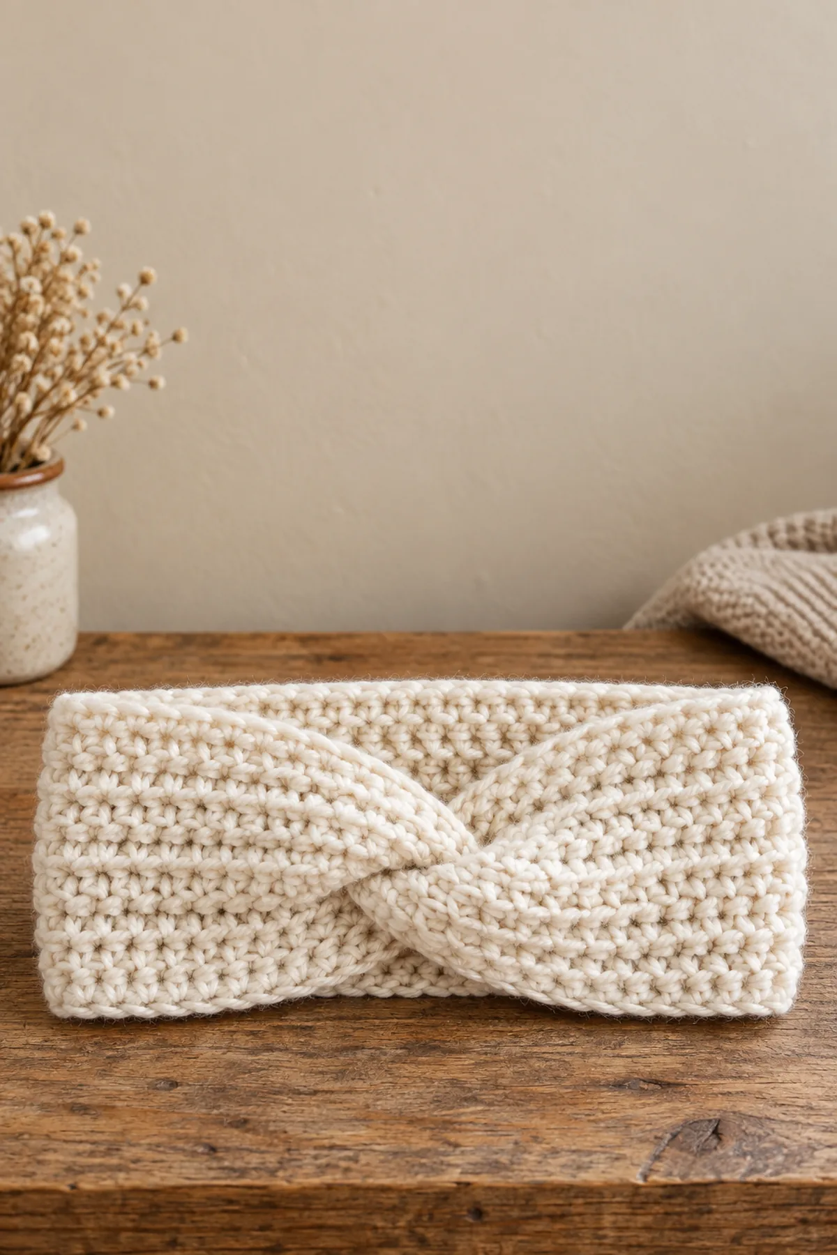 Finished easy crochet twisted ear warmer displayed with a clean handmade finish