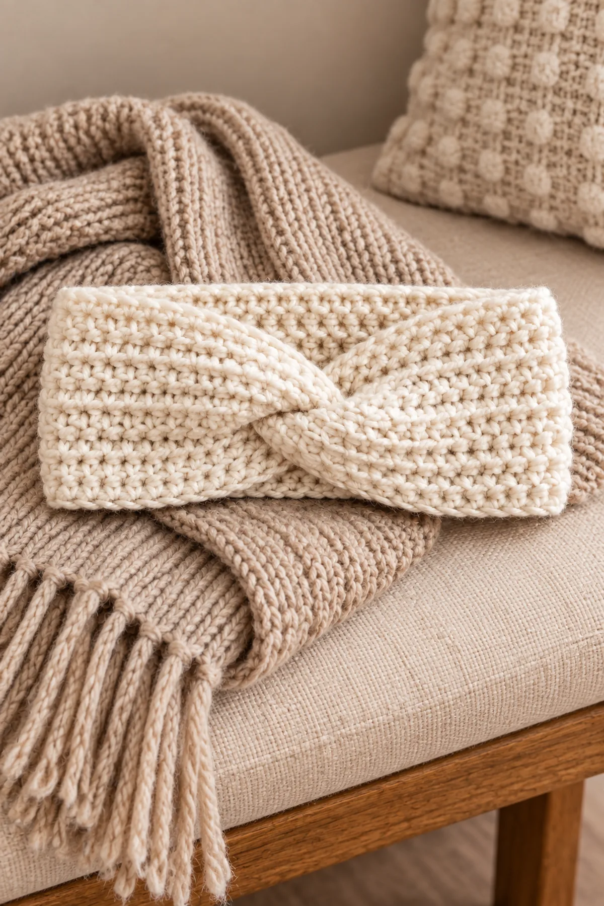Finished easy crochet twisted ear warmer styled in a bright natural setting