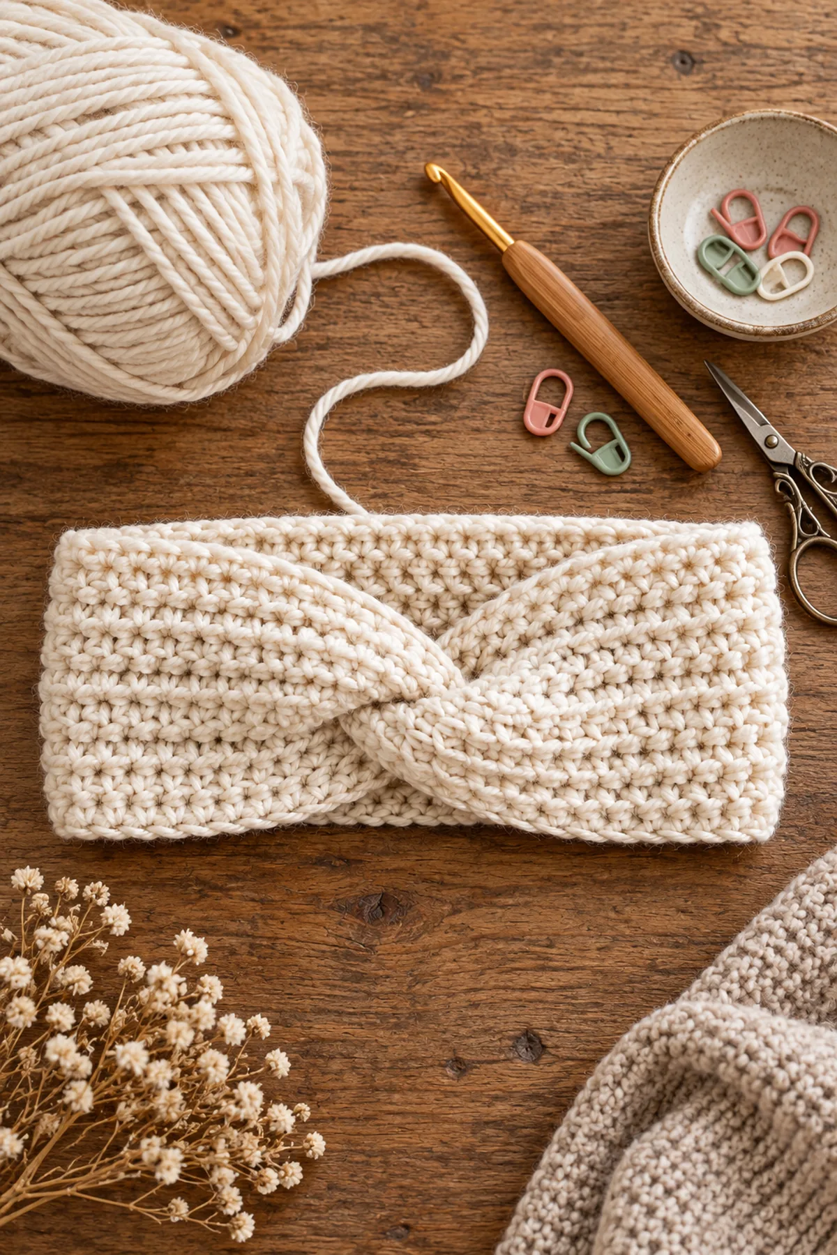 Yarn, crochet hook, stitch markers, yarn needle, tape measure, and scissors for easy crochet twisted ear warmer