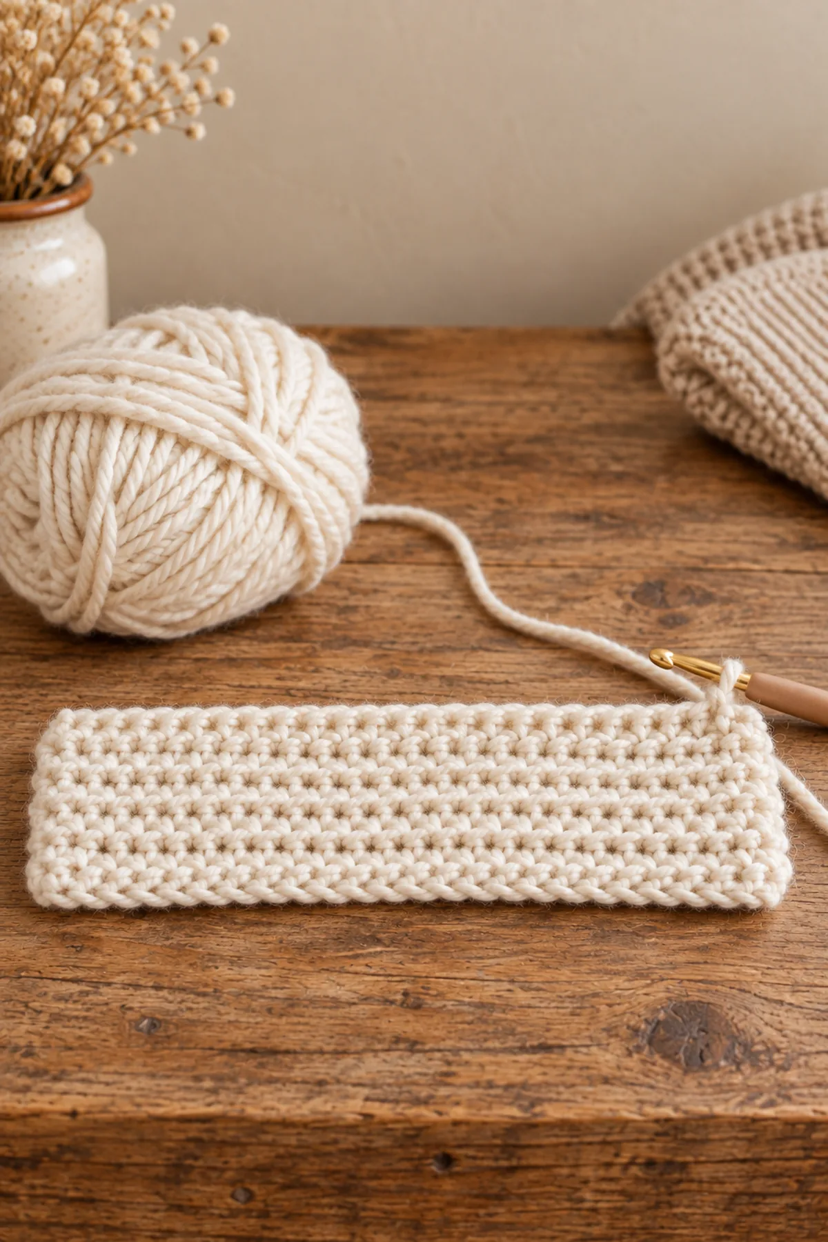 Early crochet construction stage for easy crochet twisted ear warmer with working yarn and hook