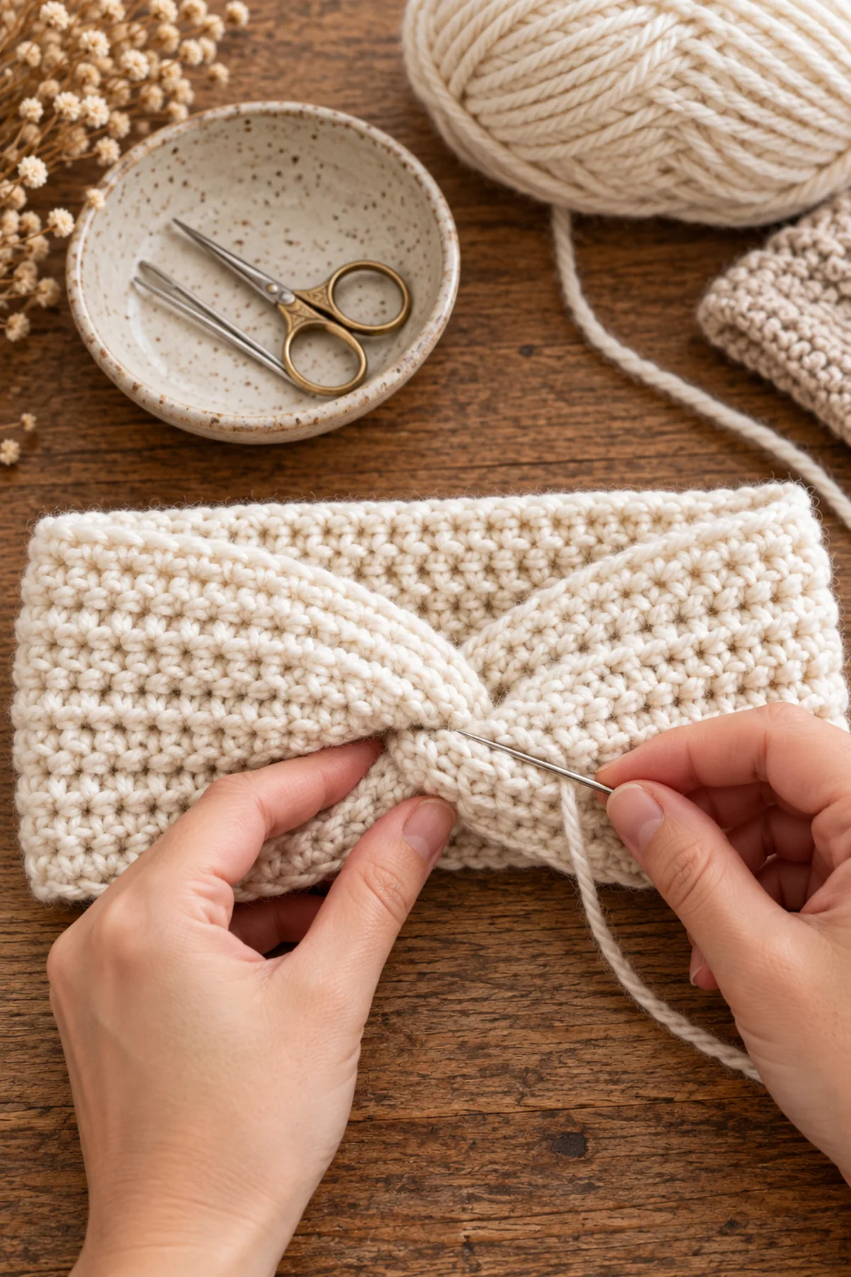 Mid-process crochet construction and shaping for easy crochet twisted ear warmer