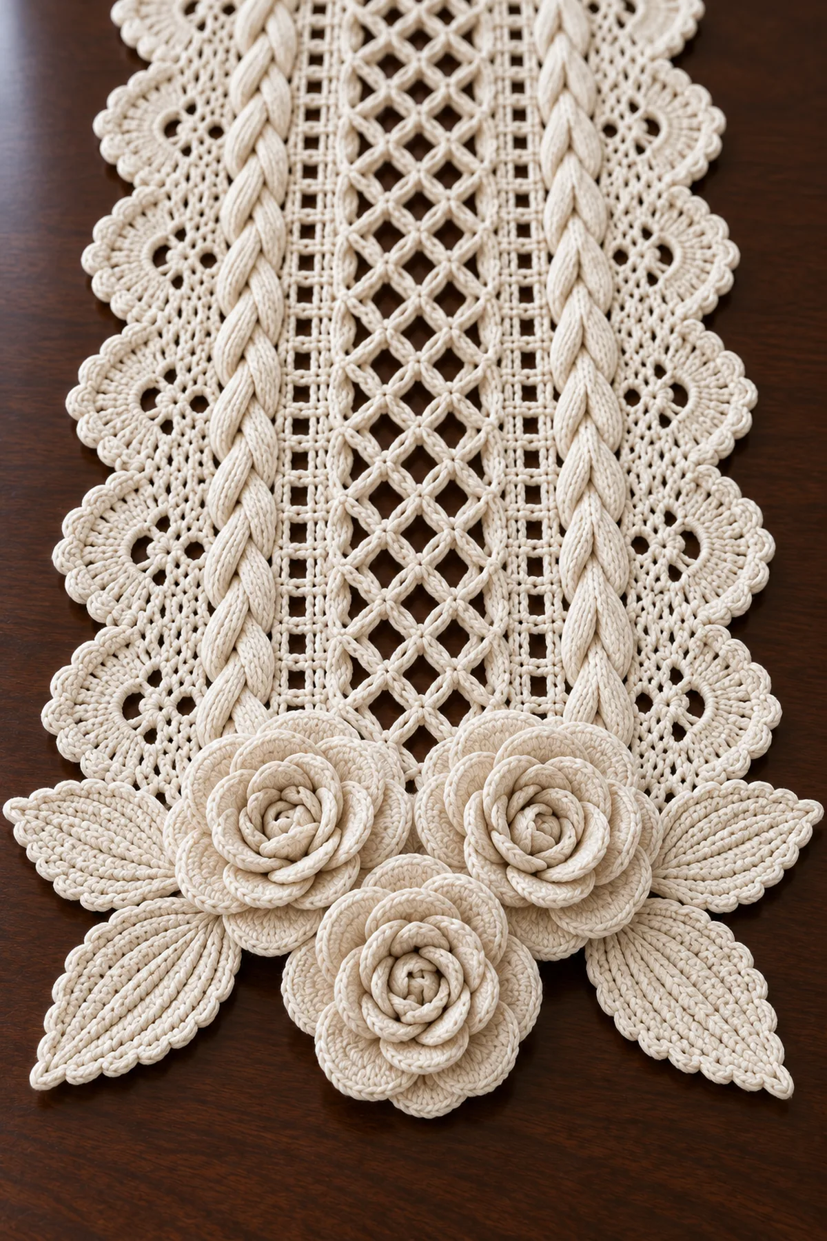 Close-up of layered ivory spiral crochet rose ribbed leaves raised cable stitches diamond lace and pointed scallops
