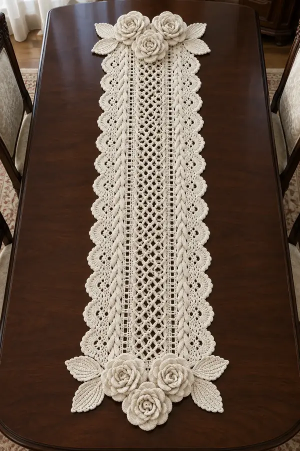 Elegant ivory crochet table runner with diamond lattice raised cable columns scalloped lace edges and two clusters of three dimensional roses