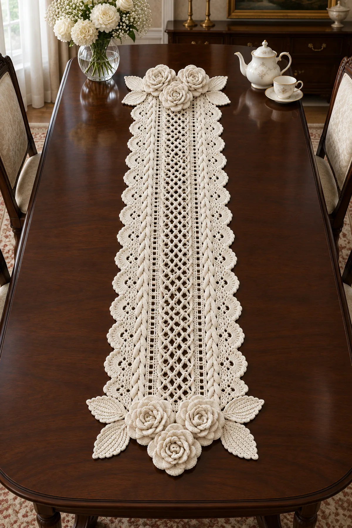 Elegant ivory 3D rose crochet table runner styled on a dark polished dining table