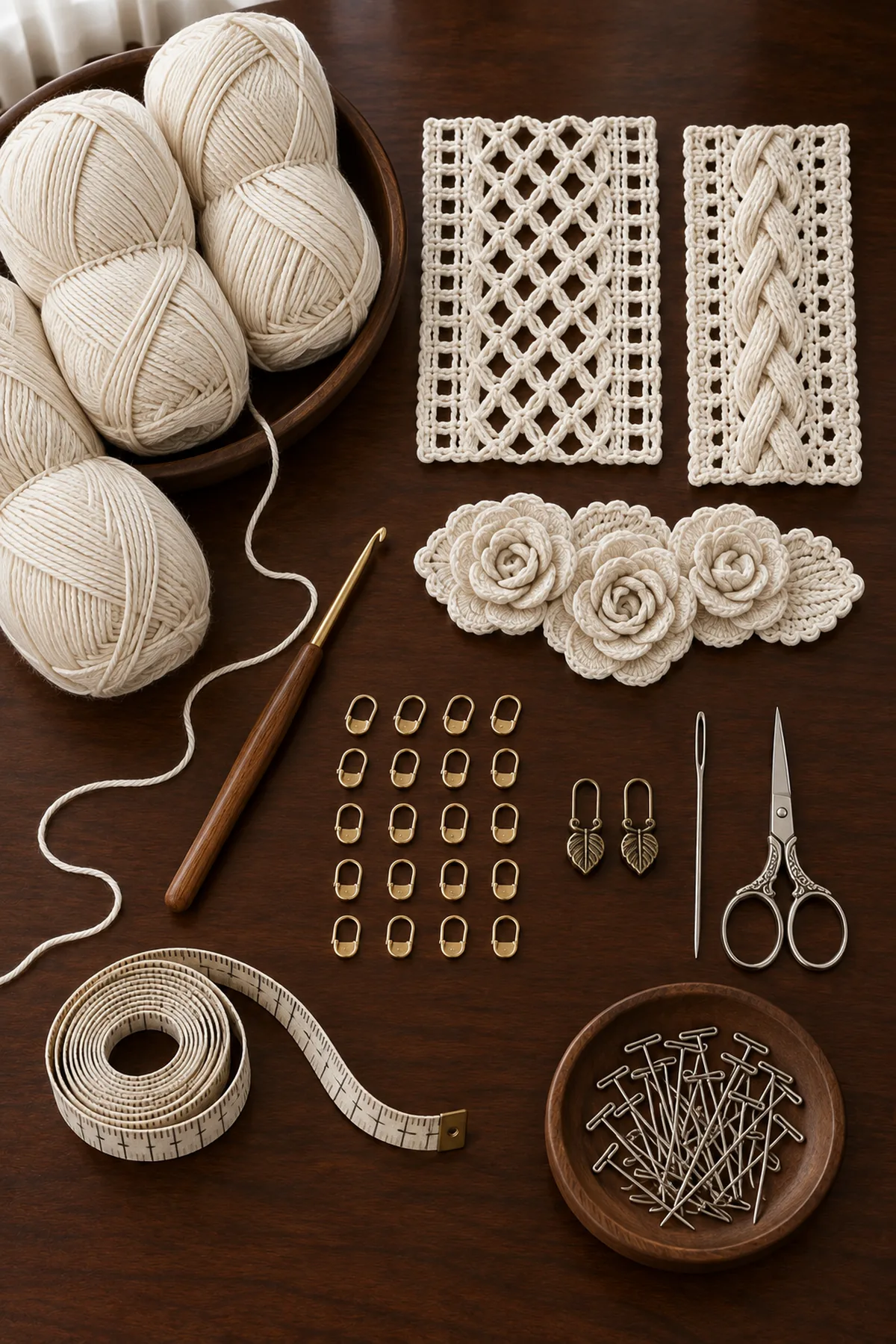 Ivory DK cotton yarn with crochet hook markers needle scissors tape measure and blocking pins