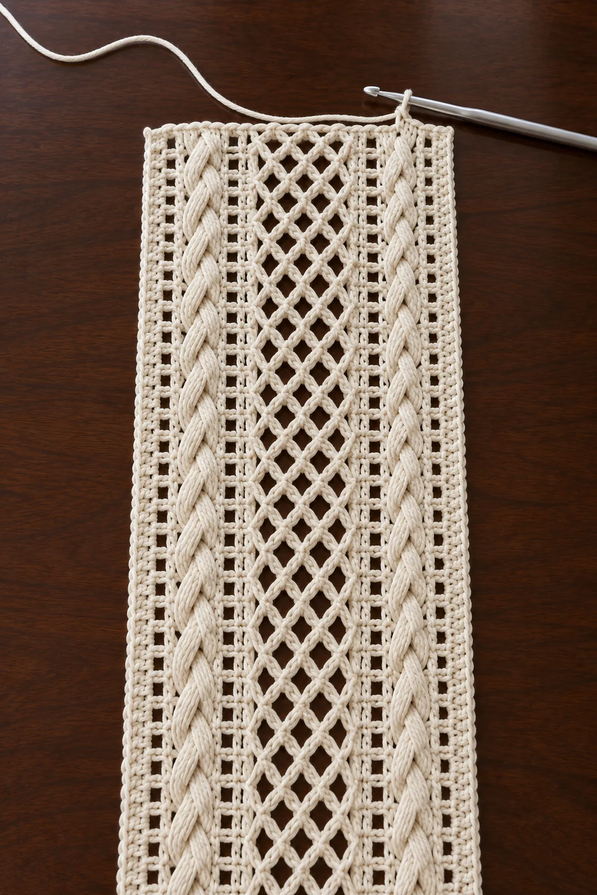 Early ivory crochet runner panel showing diamond mesh setup and two marked cable columns