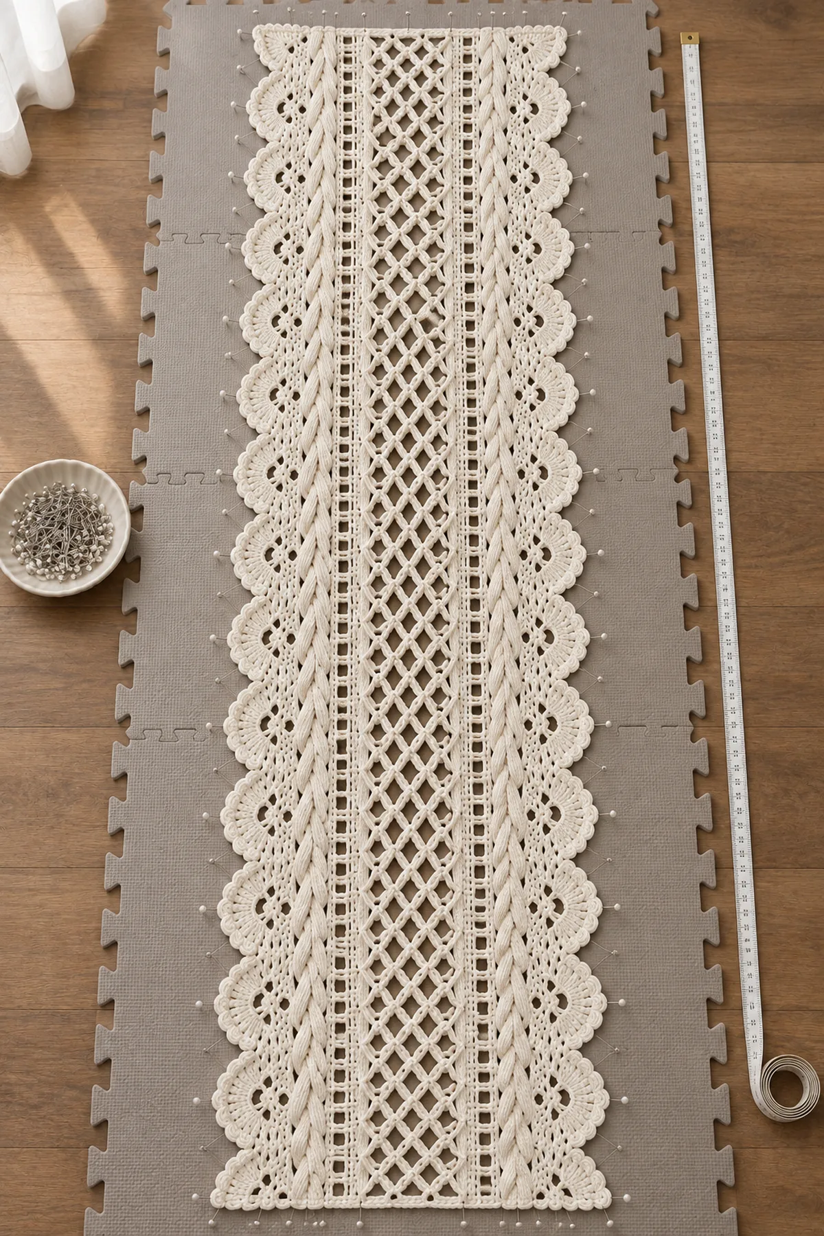 Blocked ivory runner body with completed lattice cables and unfinished scalloped edges before rose assembly