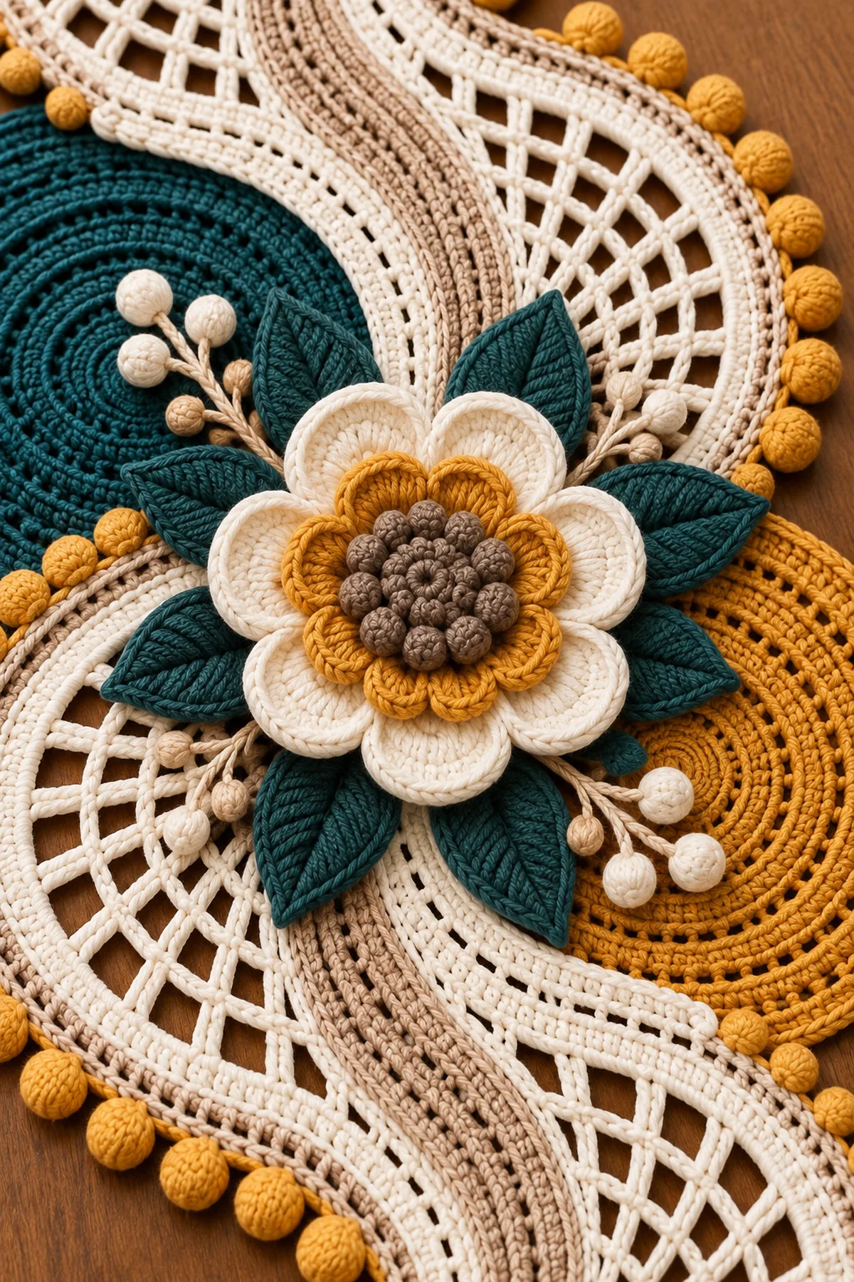 Close-up of cream crochet flower mustard ring taupe bobble center teal leaves cream lace oat bands and mustard edging