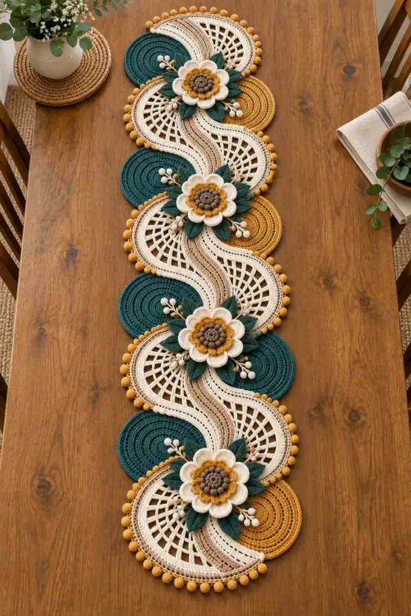 Finished teal mustard cream and oat floral crochet table runner with four dimensional flowers and a flowing S curve