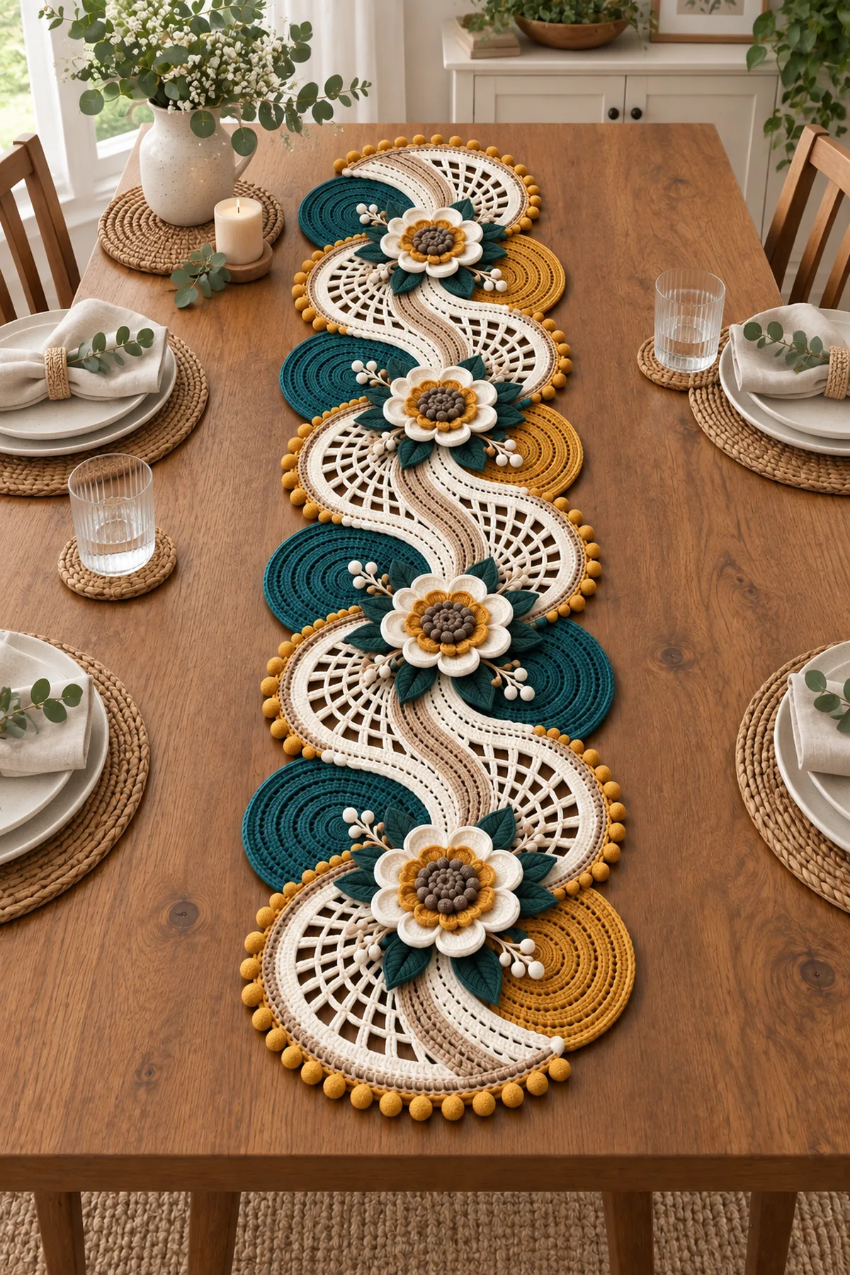 Floral crochet table runner styled lengthwise on a warm wooden dining table