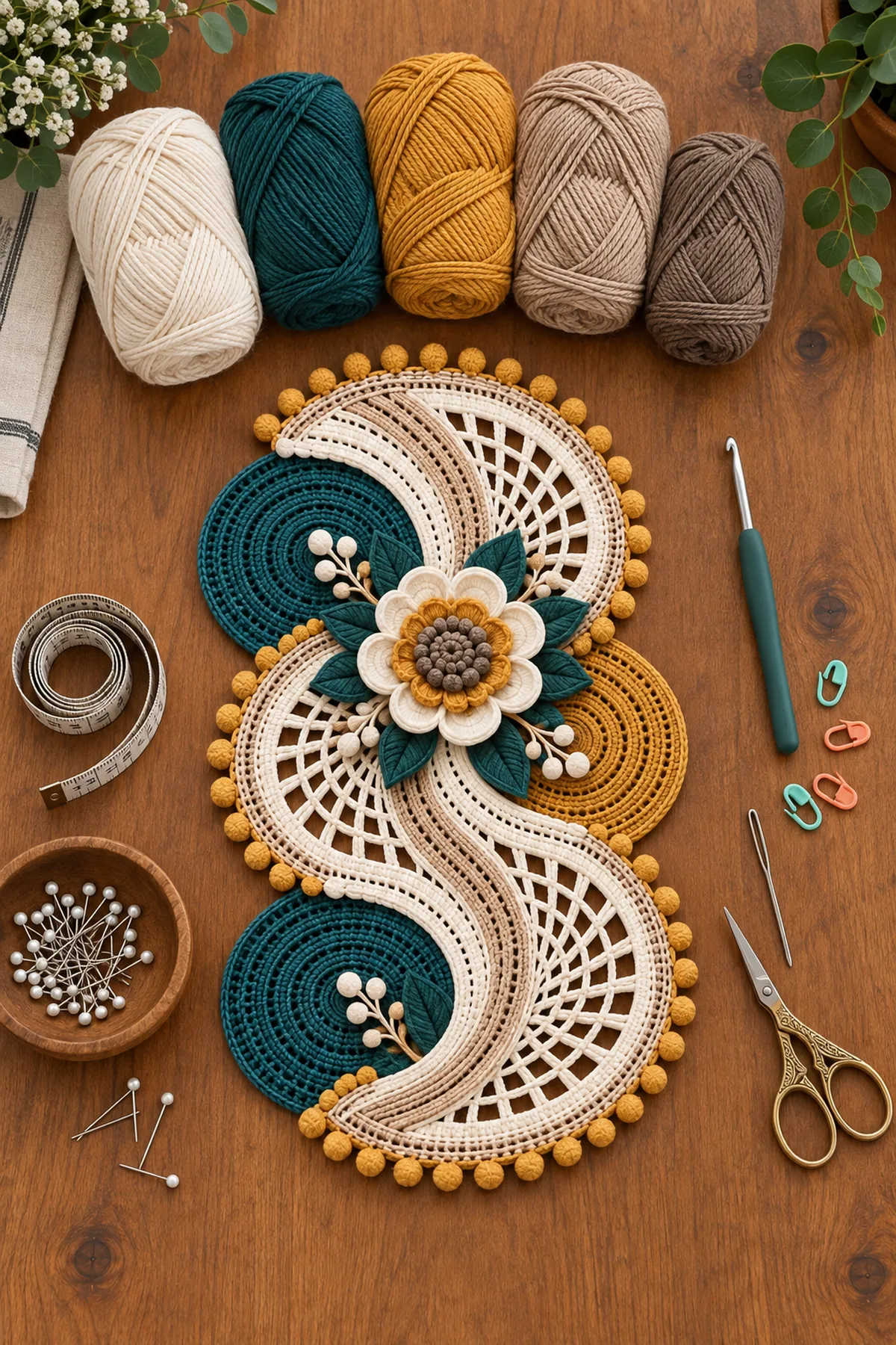 Cream deep teal mustard warm oat and taupe cotton yarn with hook markers needle scissors tape and blocking tools