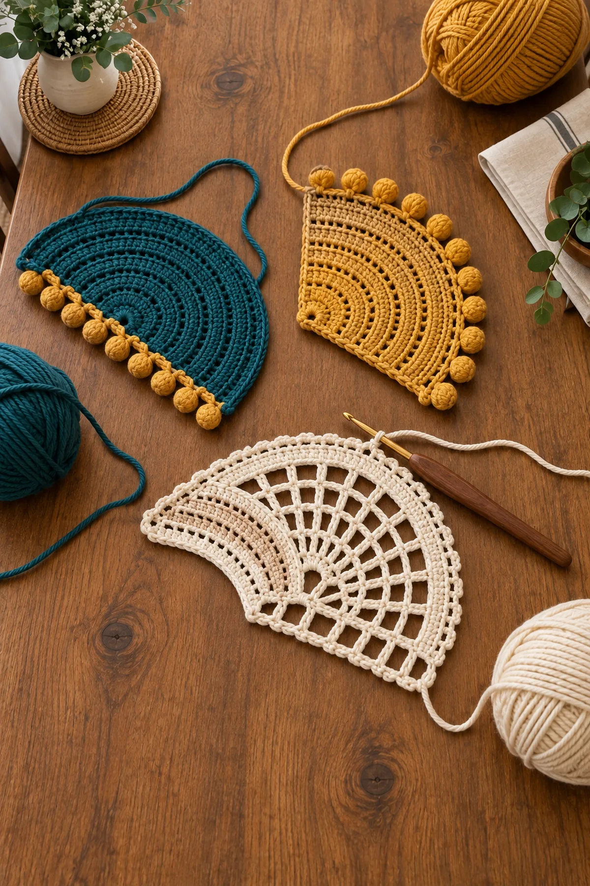 Teal mustard and cream crochet half fans in counted stages with hook and working yarn