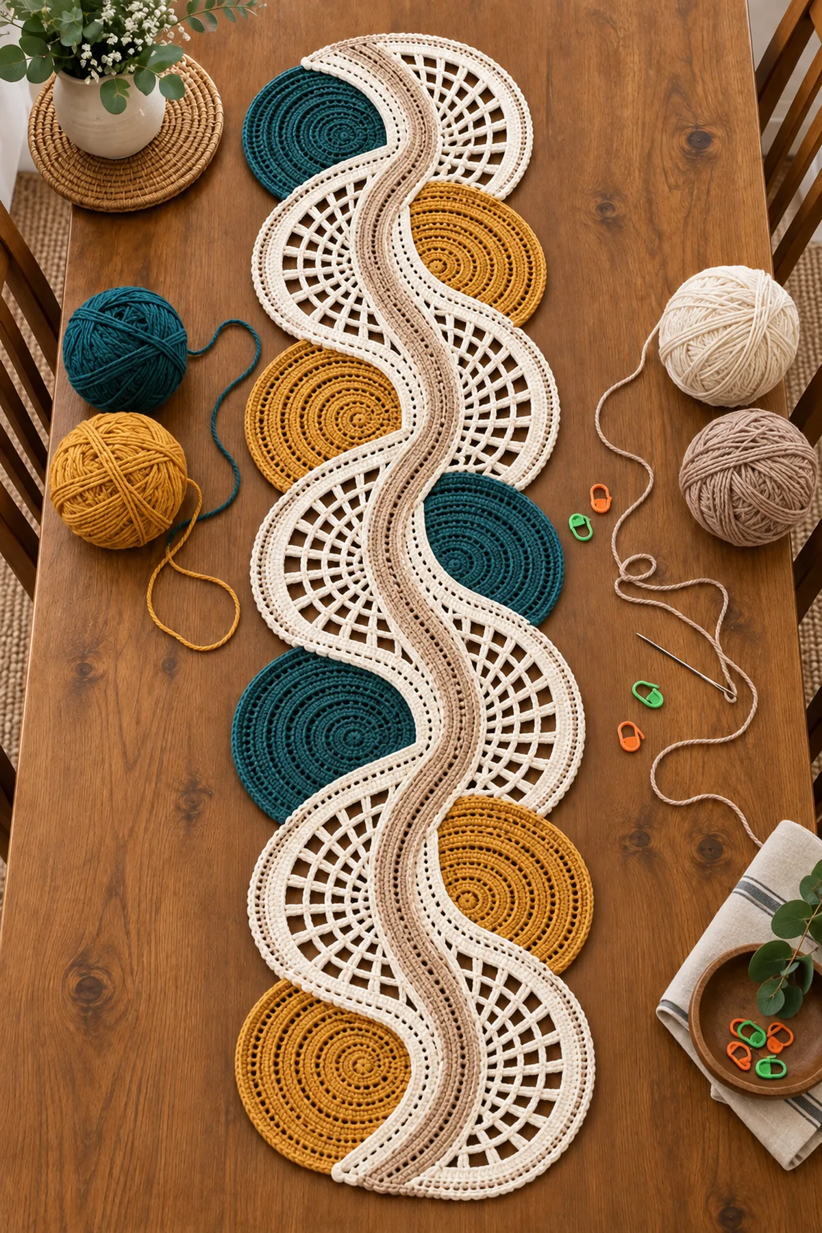 Four blocked color fan modules arranged in an alternating S curve before floral assembly
