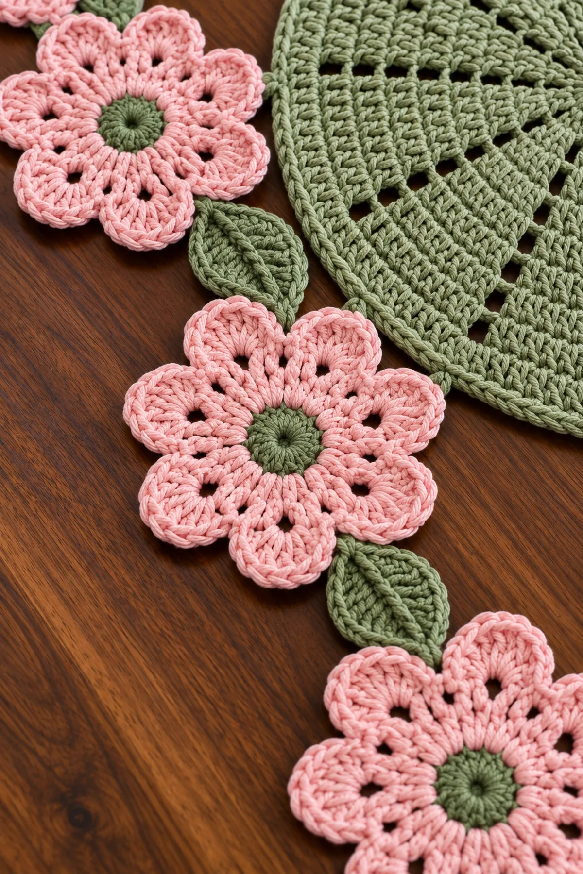 Close-up of blush eight-petal crochet flowers with sage centers leaves and a radial sage wheel edge