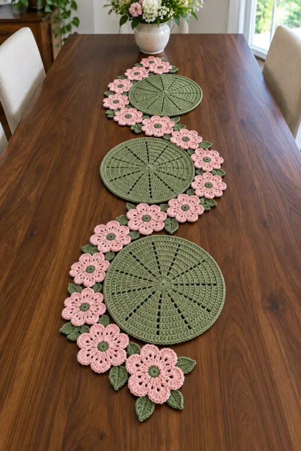 Floral garden crochet table runner with three sage circle medallions linked by blush-pink flowers and small green leaves