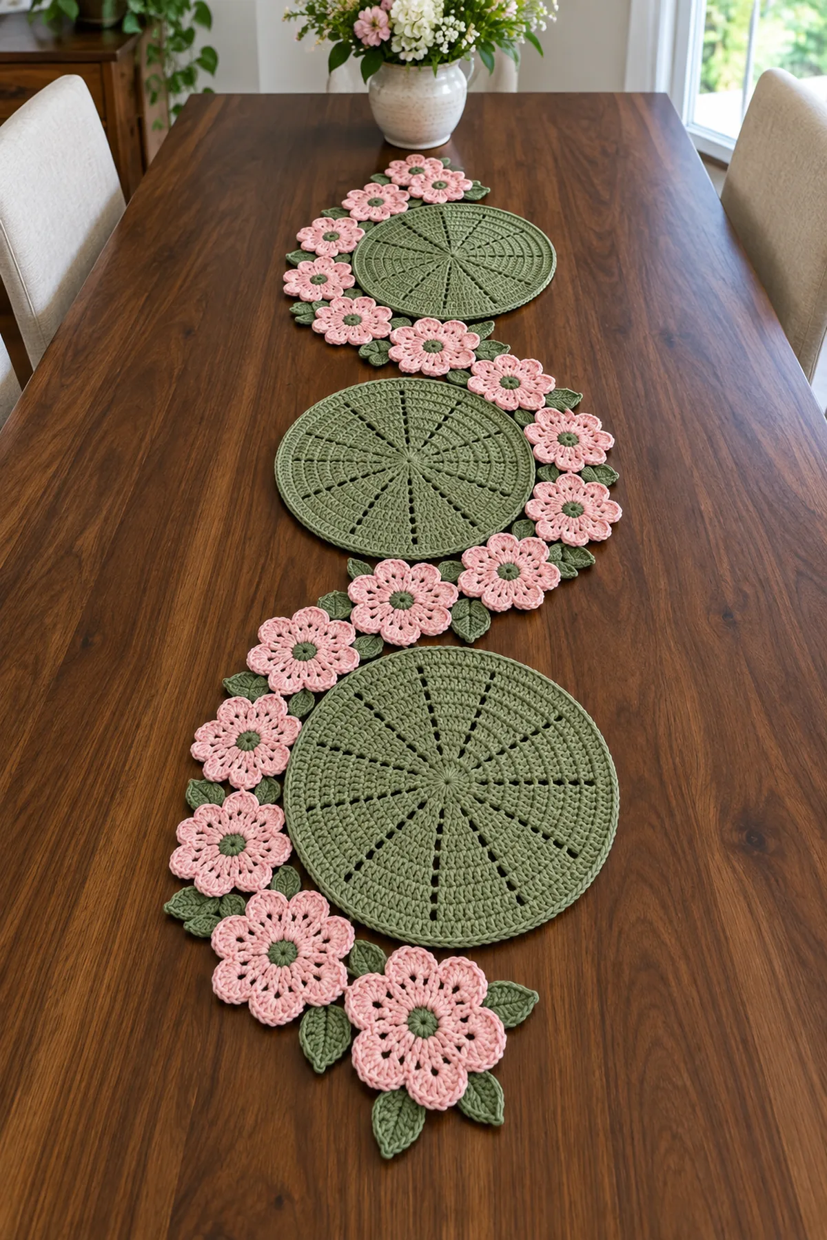 Floral garden crochet table runner with three sage circle medallions linked by blush-pink flowers and small green leaves