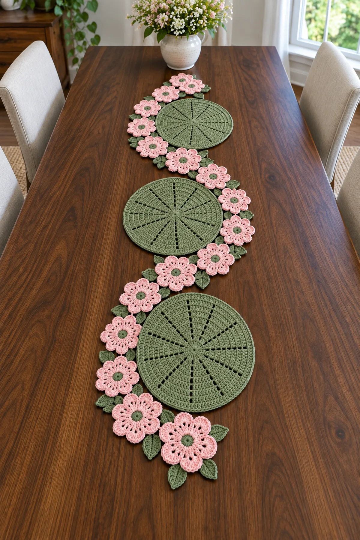 Floral garden crochet table runner with sage circles and blush flowers on a dark wooden dining table