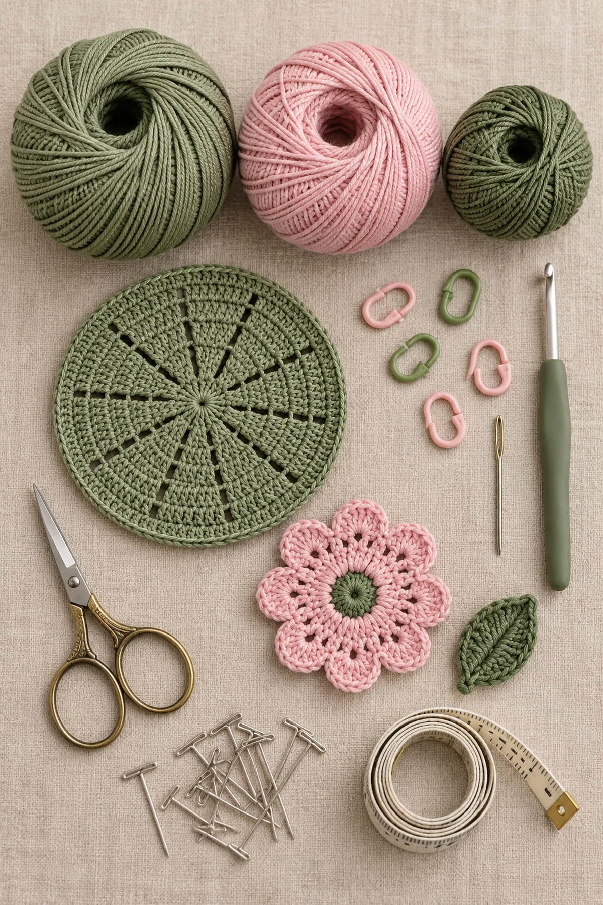Muted sage blush pink and dark sage cotton yarn with hook markers needle scissors tape and blocking pins