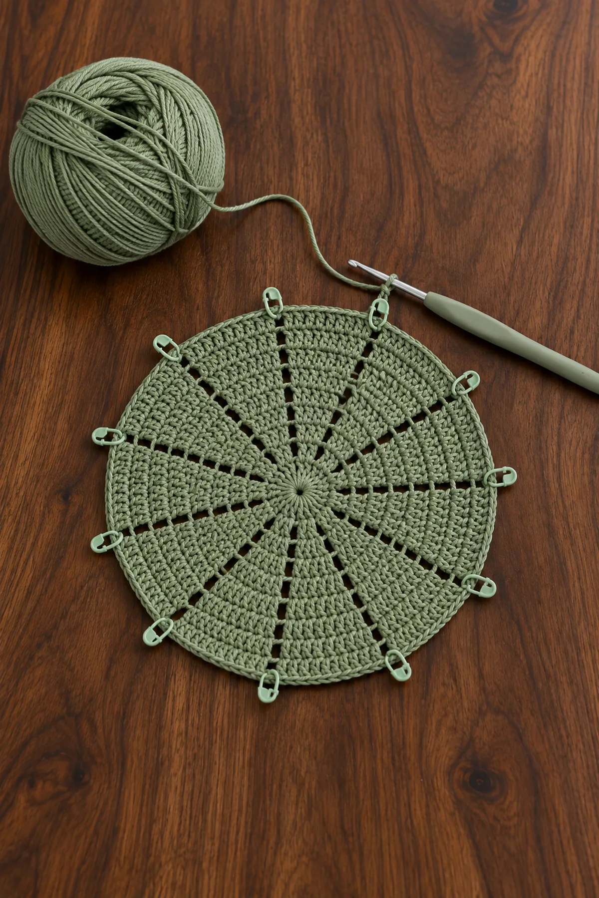 Early sage crochet wheel showing radial wedge markers and open spoke lines