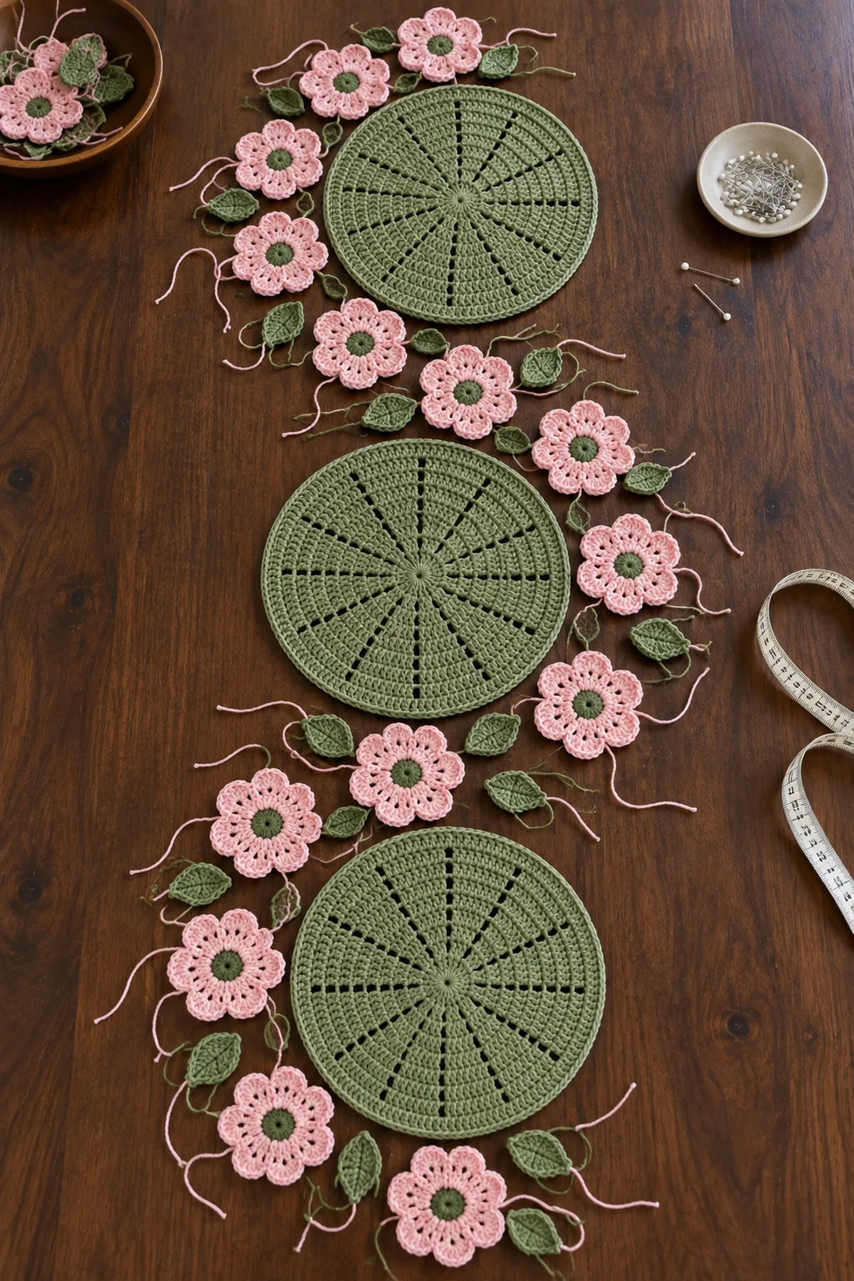 Three blocked sage crochet circle medallions arranged with unsewn blush flowers and small leaves