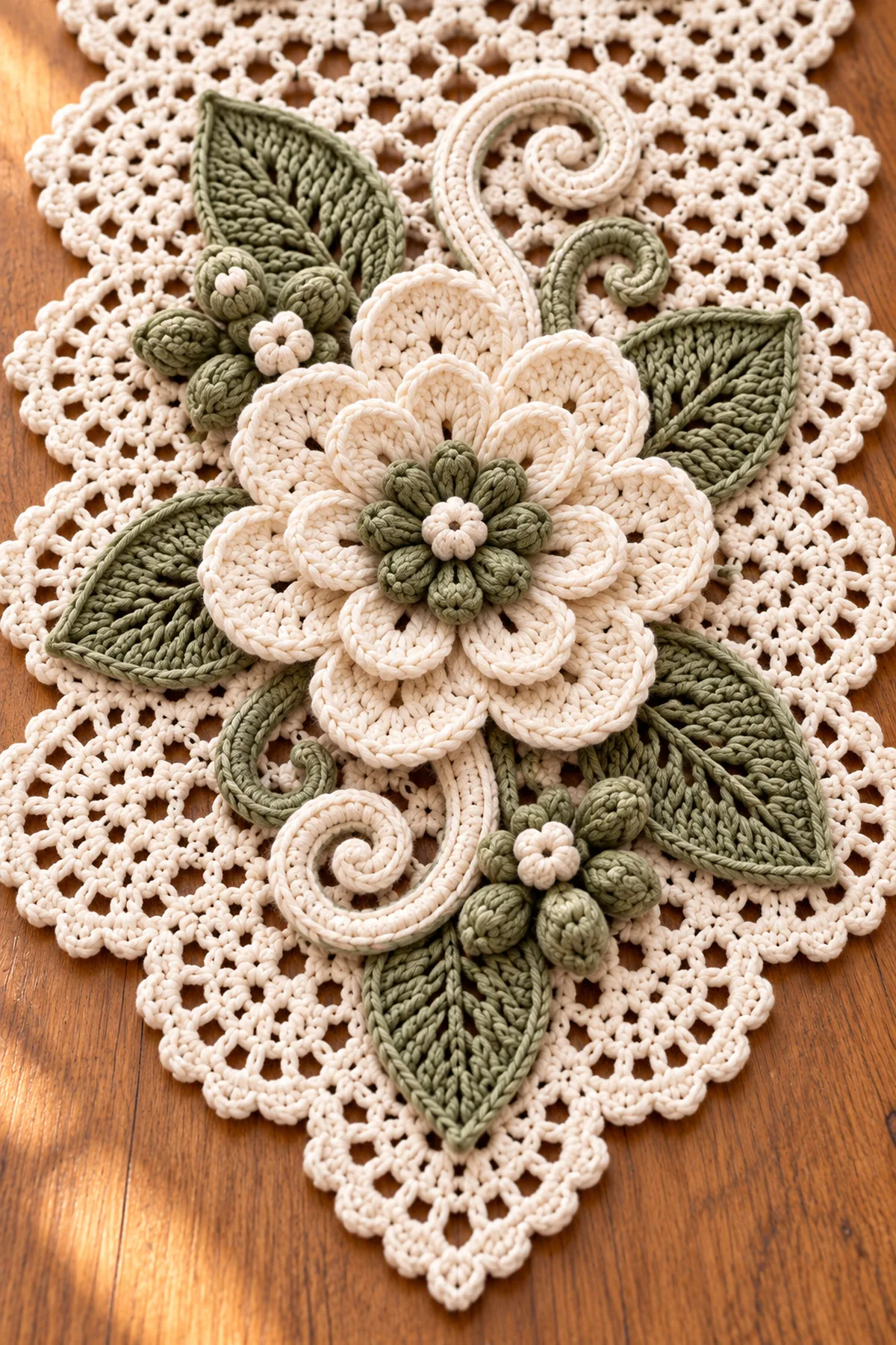 Close-up of layered ivory crochet flower sage center ribbed leaves curling scrolls buds and scalloped lace