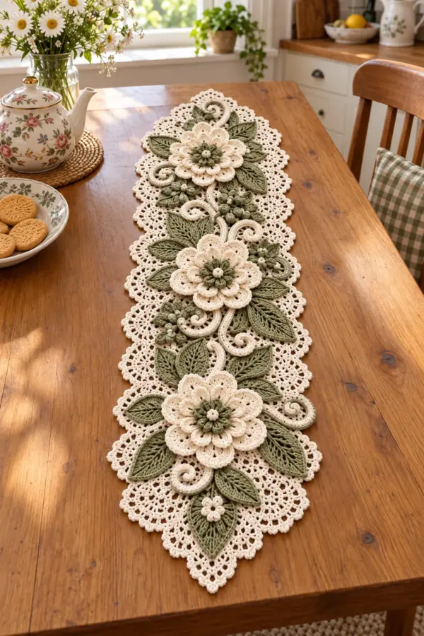 Three ivory floral lace crochet runner panels with layered ivory flowers sage centers textured leaves curling vines and scalloped edges