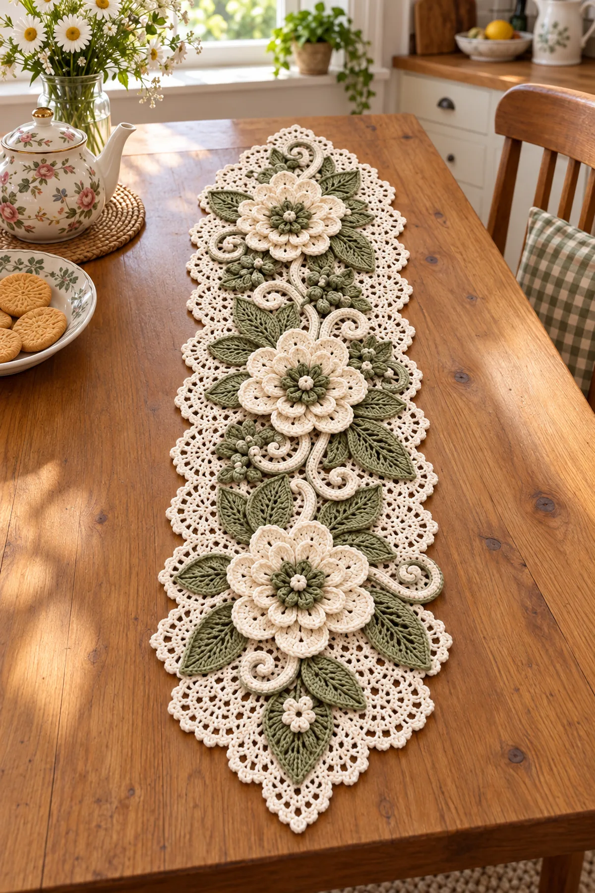 Three ivory floral lace crochet runner panels with layered ivory flowers sage centers textured leaves curling vines and scalloped edges