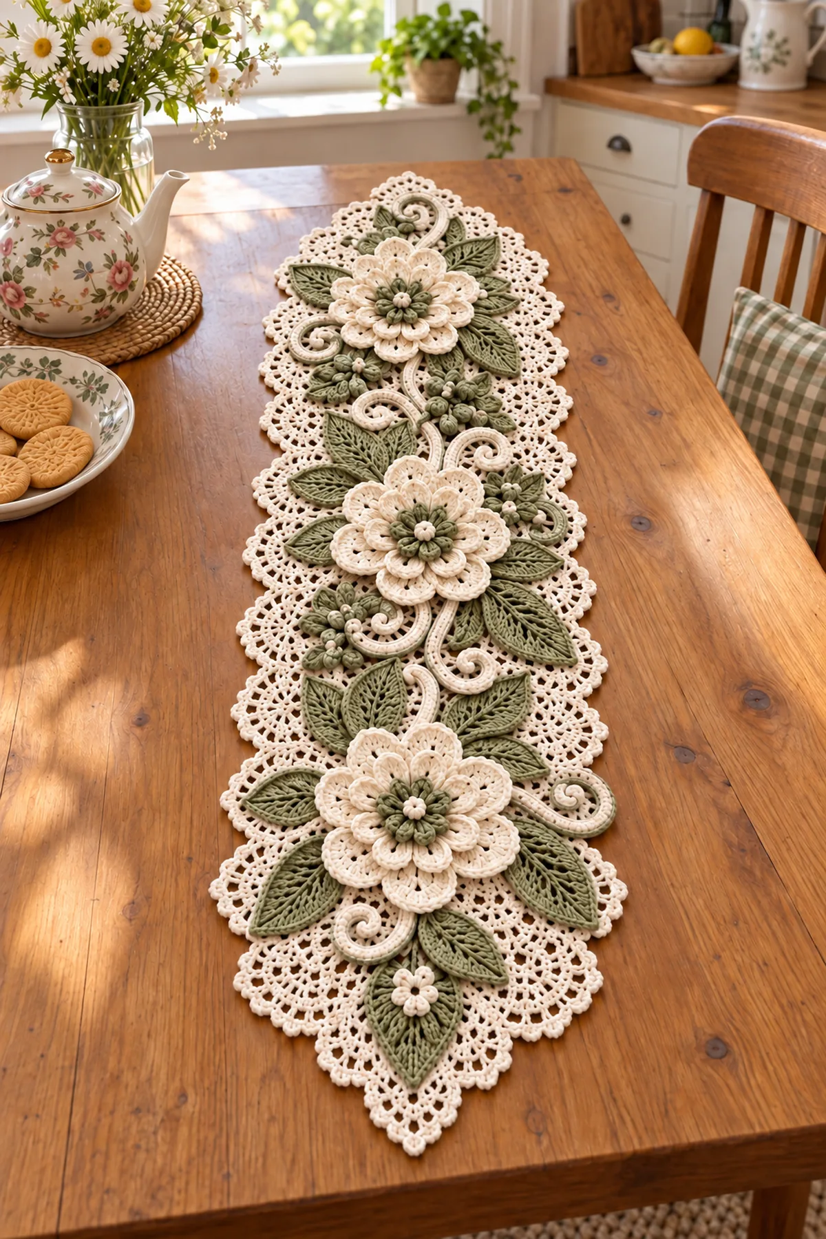 Floral lace crochet table runner with three ivory flowers and sage foliage styled on a wooden dining table