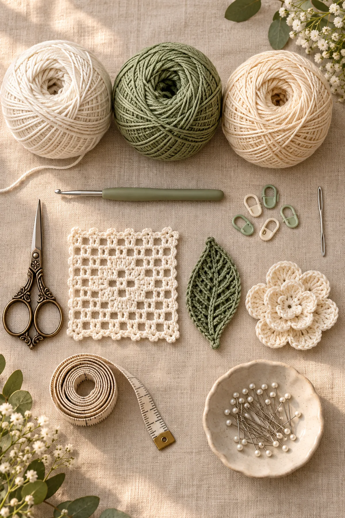 Ivory cream and sage sport-weight cotton with a crochet hook markers needle scissors measuring tape and blocking pins