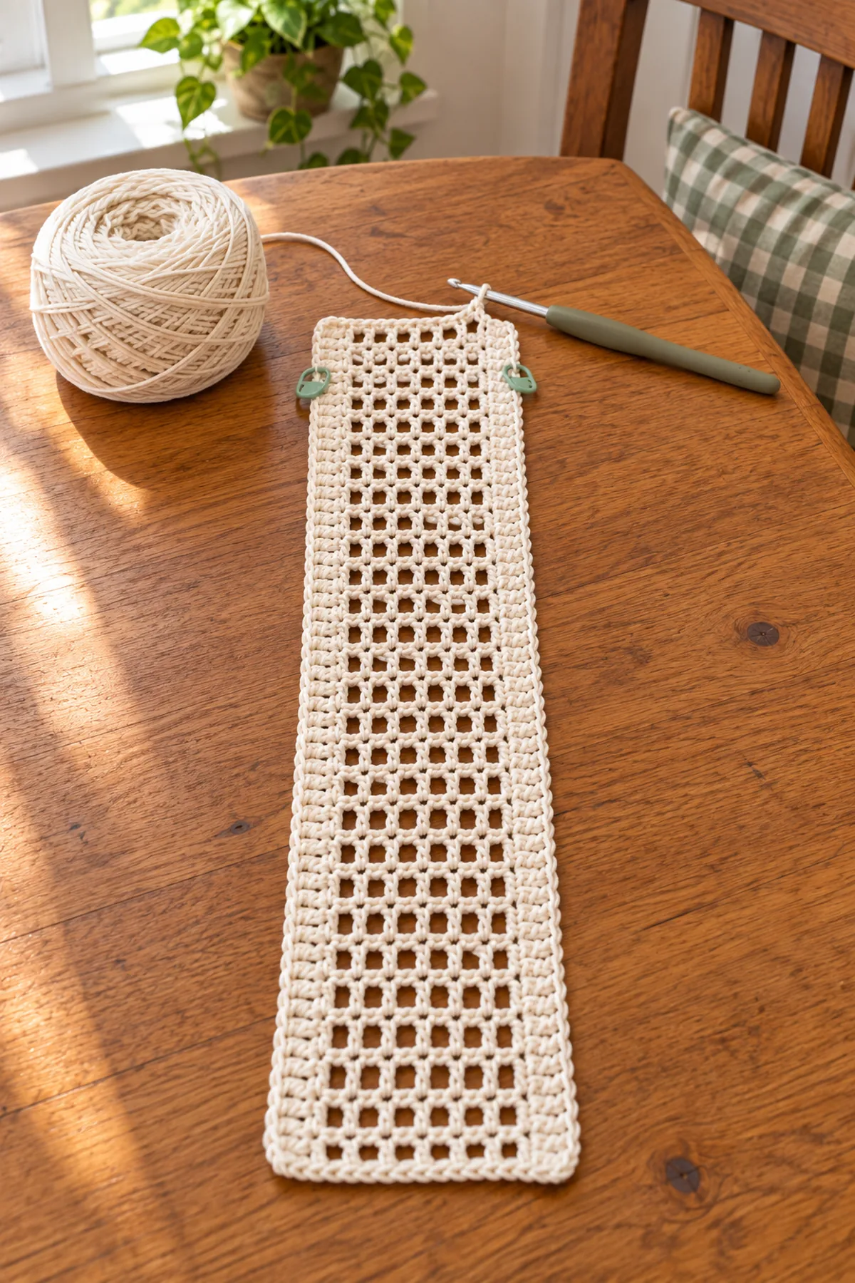 Early ivory filet lace panel with marked five-stitch rails and a 3.25 mm crochet hook