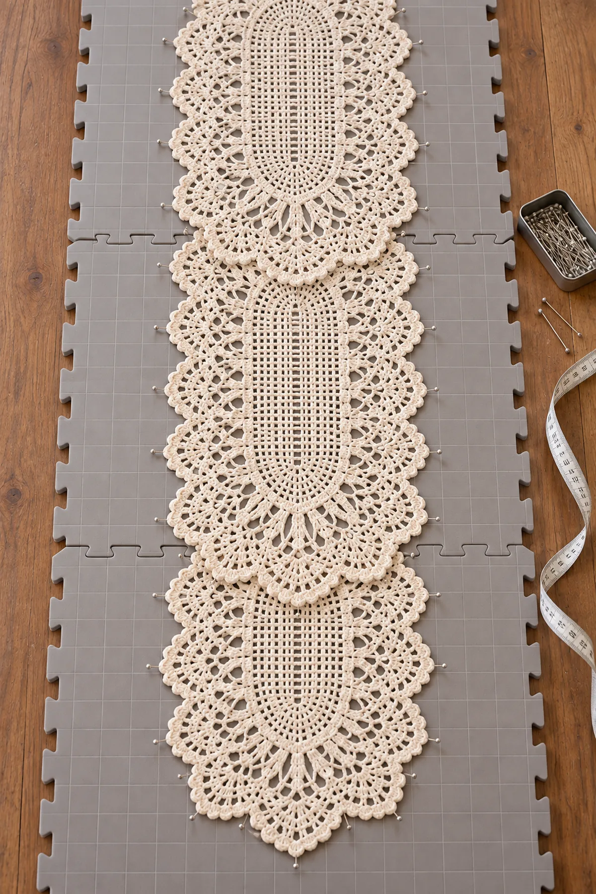 Three blocked ivory oval lace panels with scalloped edges laid out before joining and floral decoration