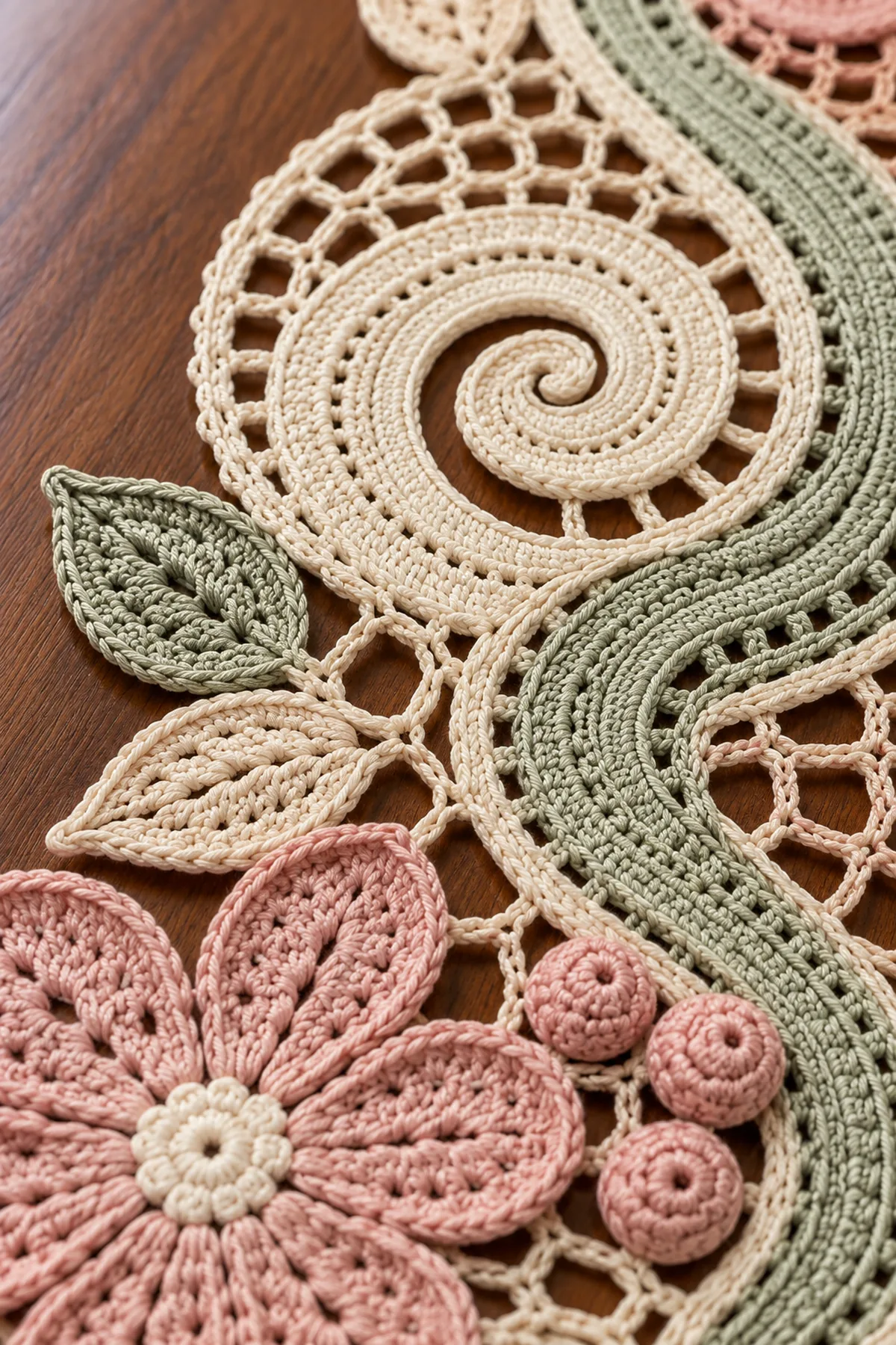 Close view of ivory spiral open Irish mesh sage ribbon blush flower pointed leaves and berry bobbles